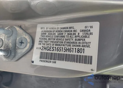 2005 Honda Civic Lx from USA, damaged, VIN 2HGES16515H611801